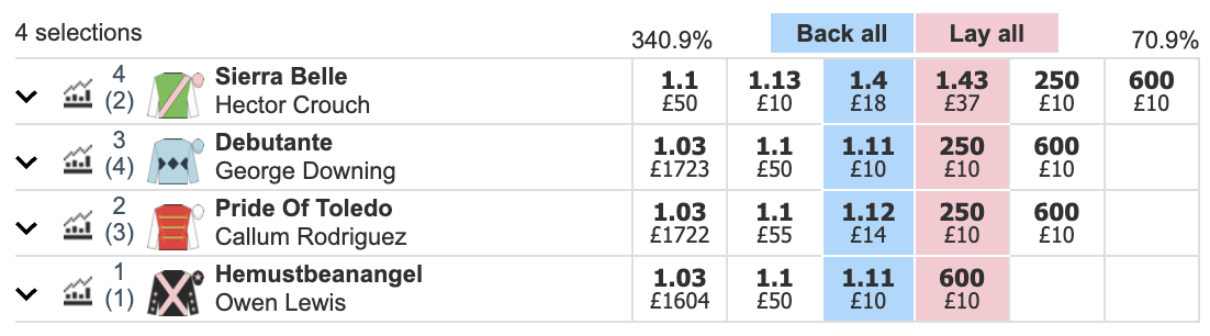 Betfair odds for the same horse race, with lay odds on Sierra Belle at 1.43